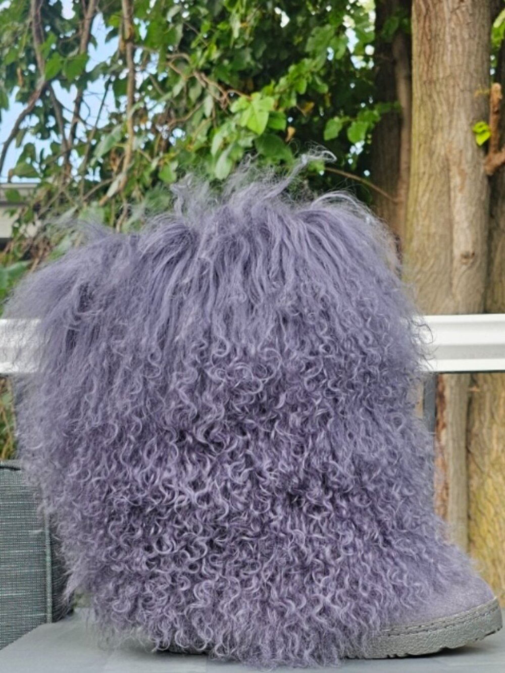💋SHOWSTOPPERS!💋 Bearpaw 100% Curly Mongolian Fur Boots in Purple Gray - Picture 6 of 14